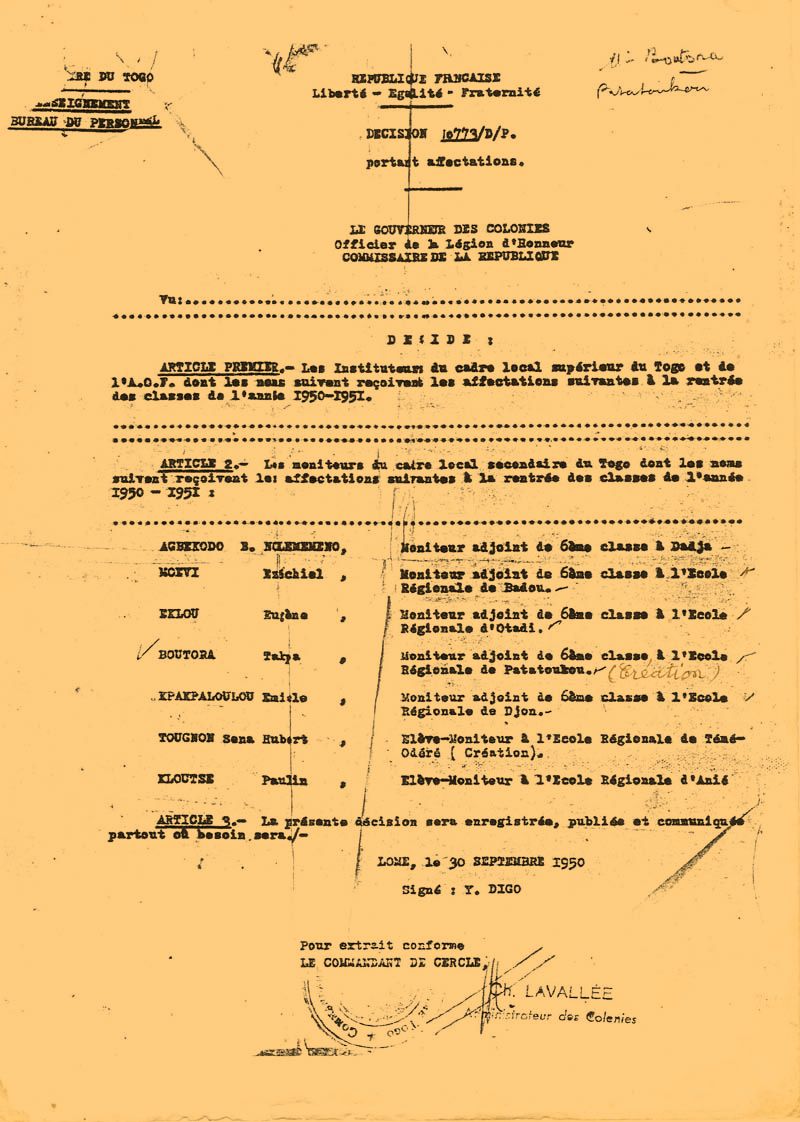  Décision 10773/D/P du 30 septembre 1950 portant affectation