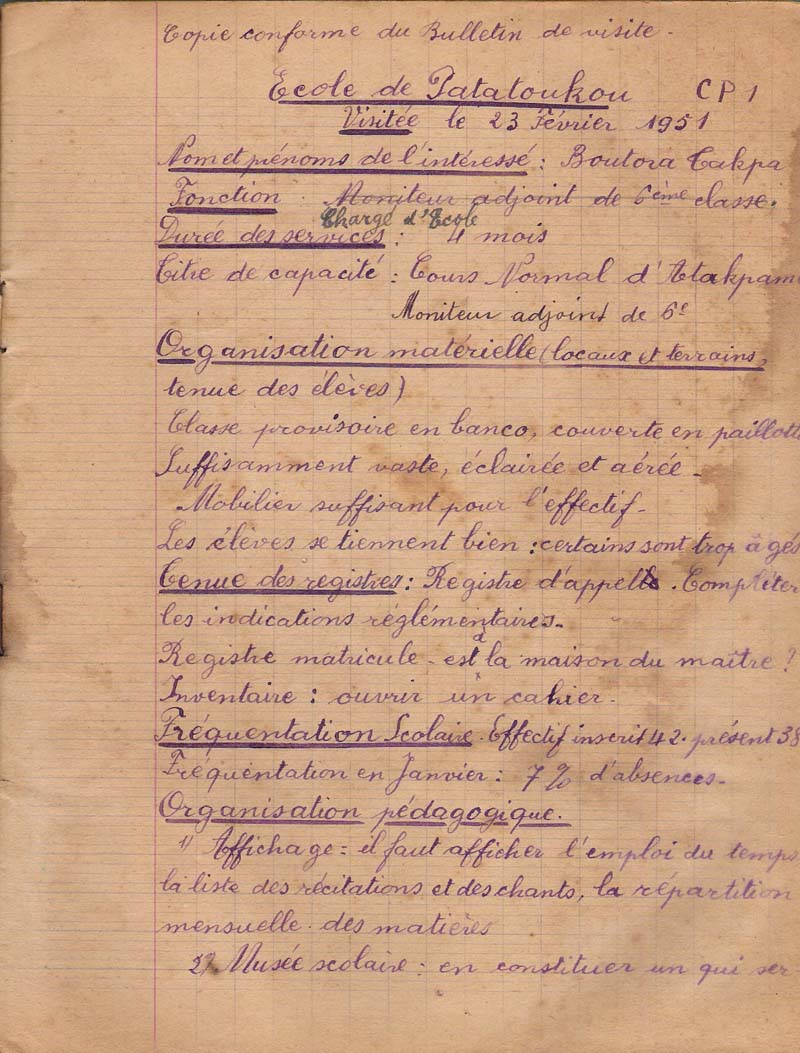 Copie conforme du Bulletin de visite d'inspection du  23 février 1951 à l'Ecole de Patatoukou (Togo)