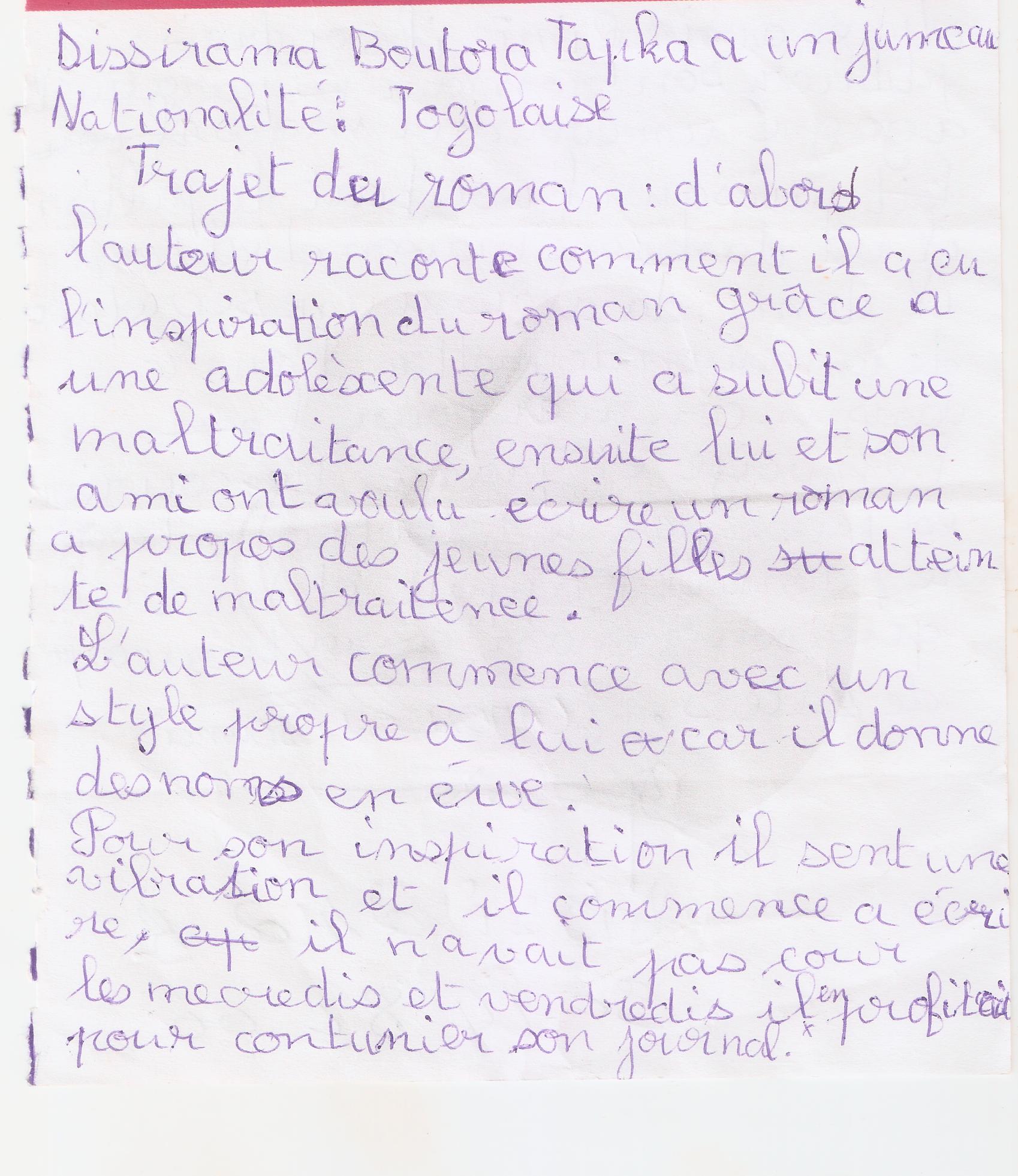 Extrait du carnet de notes de EKE Chioma Veronica 6<sup>èm</sup>B Collège Saint Joseph.
